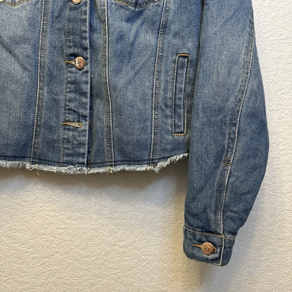 Highway‎ Jeans Womens L Cropped Denim Jacket Patches Sequin M Raw Hem VD7901HJMJ